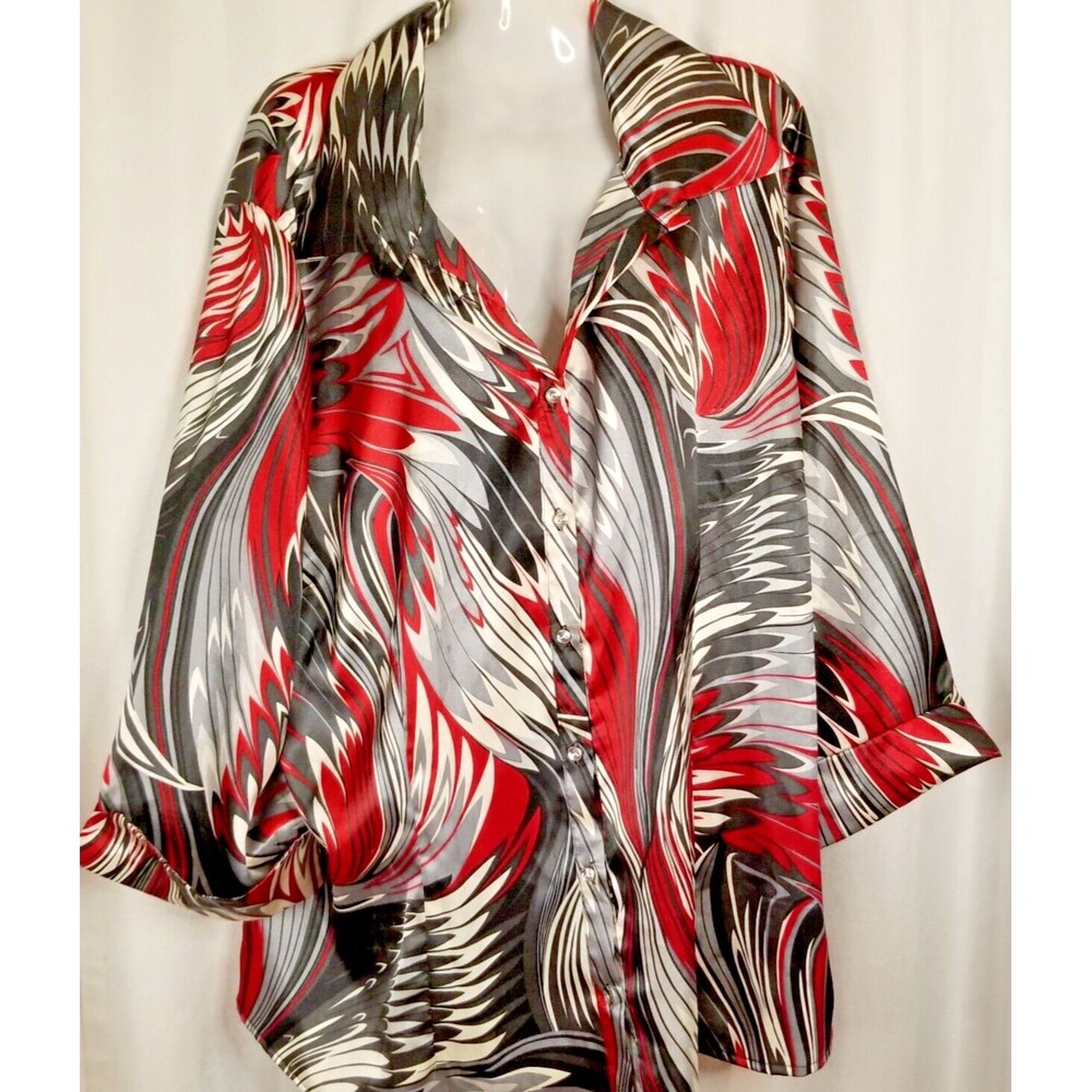 Women's Blouse Geometric Swirl Design Cato Gem Buttons 3/4 Sleeve Size 22W/24W